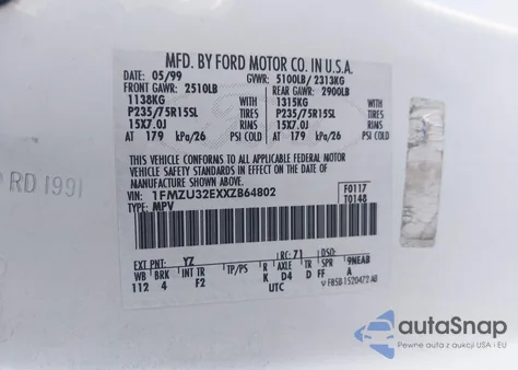 1999 Ford Explorer Eddie Bauer/Limited Edition/Xlt from USA, damaged, VIN 1FMZU32EXXZB64802